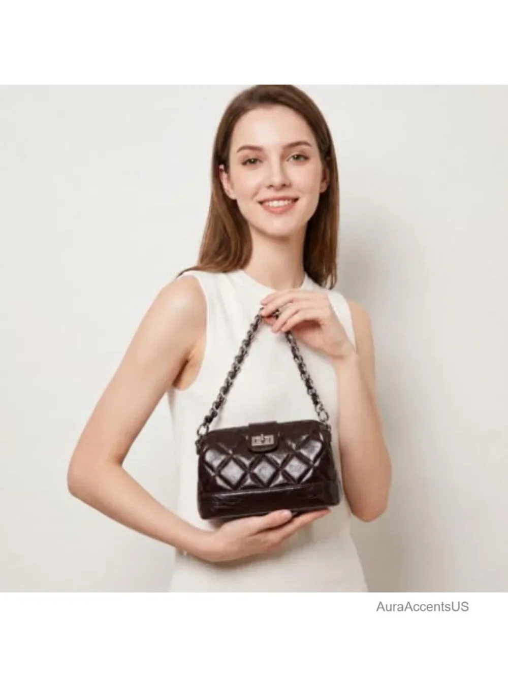 Mini Quilted Crossbody & Top Handle Bag, Vegan Leather with Detachable Chain